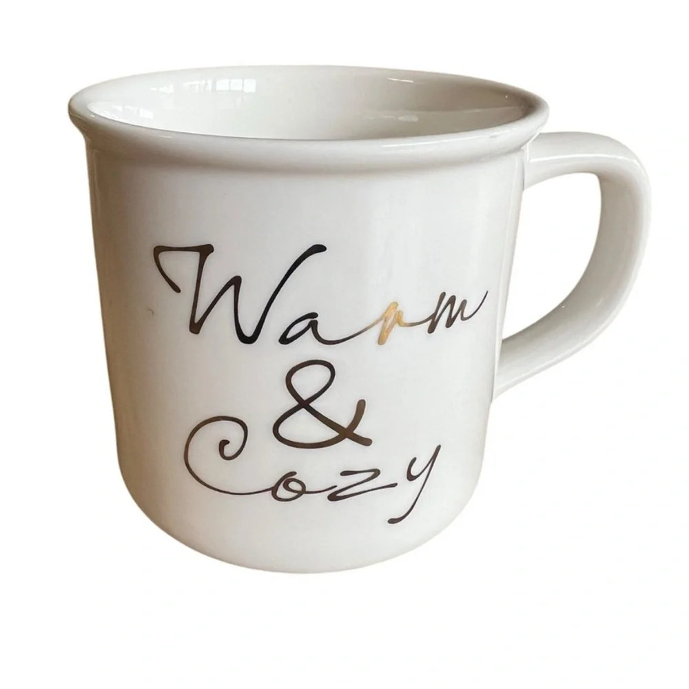 Pottery Barn Warm & Cozy Mug White With Gold Trim Winter Holiday Christmas